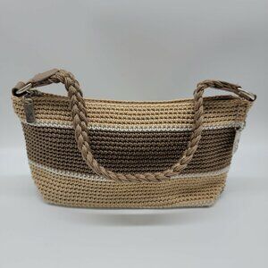 Lina Beige Brown Striped Crochet Purse Handbag Braided Strap Excellent Condition